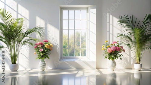 Abstract white studio background with shadows of window, flowers, and palm leaves, providing a summer concert vibe, white, studio background, product presentation, empty room, shadows