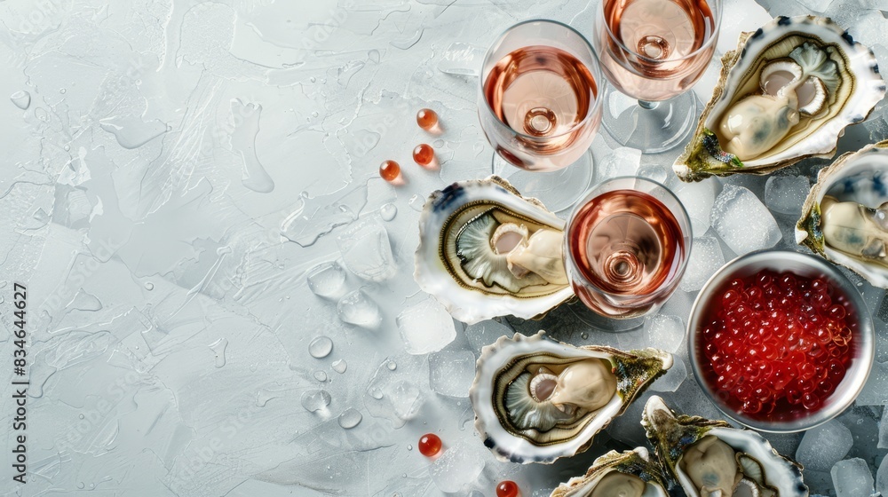 A cluster of oysters atop a table, surrounded by wine glasses and a solitary strawberry at their center Dewy water droplets grace their surfaces A cluster of oysters atop a table, surrounded by wine glasses and a solitary strawberry at their center Dewy water droplets grace their surfaces
