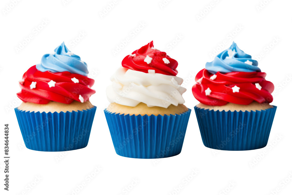 Three cupcakes with red, white and blue frosting and stars on top Three cupcakes with red, white and blue frosting and stars on top