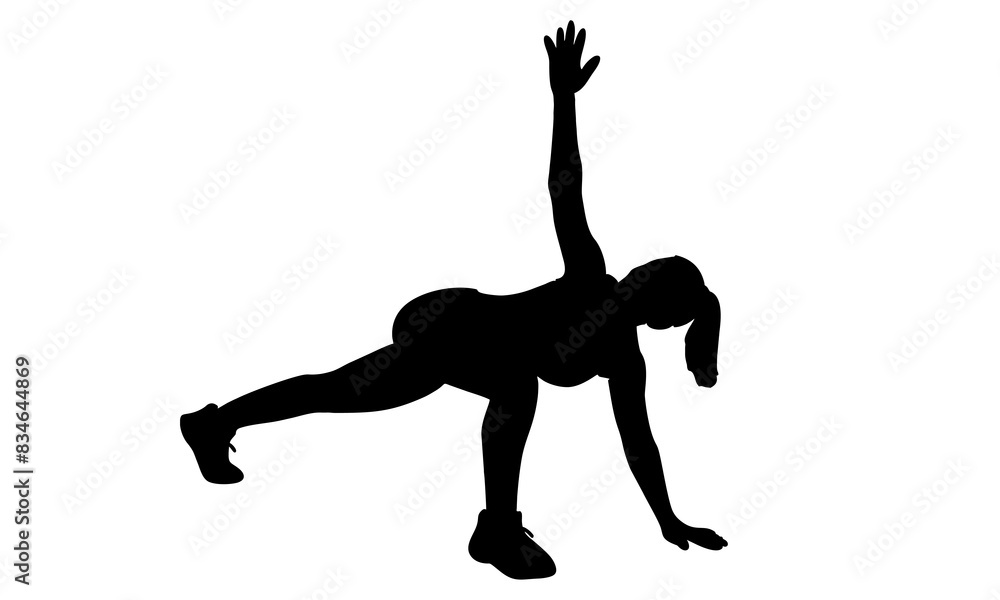 silhouette of woman in a yoga pose pulls her arm up silhouette of woman in a yoga pose pulls her arm up