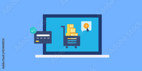 Online ecommerce, product add to shopping cart, credit card purchase conceptual vector illustration.
