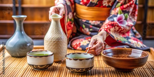 Traditional Japanese sake pouring ceremony with a chilled bottle of sake and a ceramic cup , Japan, sake, cold, beverage, drink, pouring, bottle, cup, traditional, ceremony, culture, ceramic photo