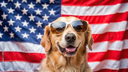 Dog wearing sunglasses with American flag in the background, dog, sunglasses, American flag, holiday, patriotic, pet, animal, summertime, sunny, fun, red, white, blue, sun, stars, stripes, cute