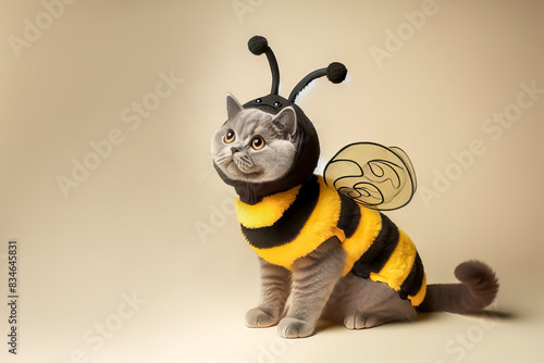 Cute gray cat of the British breed dressed in a bee costume, light background. photo