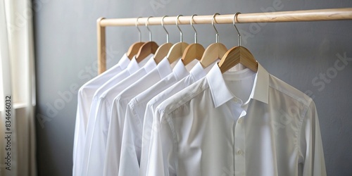 Photo of a white shirt hanging on a clothing rack , clothing, fashion, retail, hanger, minimalistic, clean, closet, store, apparel, wardrobe, neat, organized, casual, style, hanging, shop © Sanook