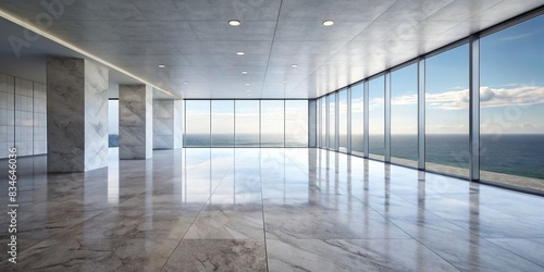 Minimal architecture building with view on the sea  marble floor and wall  empty wide space for mock up  minimal  architecture  building  sea view  marble  floor  wall  empty space  mock up