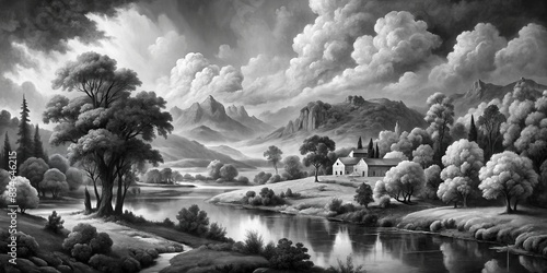 AI generated black and white landscape art painting with no people in it, art, painting, landscape, black and white, AI, artificial intelligence, digital art, nature, scenery, tranquil