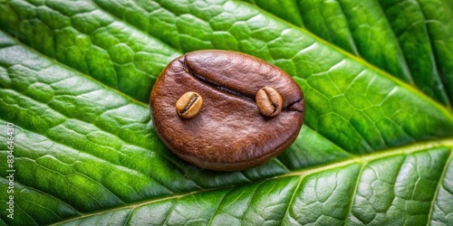 Coffee bean character on textured green leaf, peaceful and captivating eyes, coffee, bean, character, leaf, green, eyes, peaceful, texture, nature, plant, cute, whimsical, cute, cartoon photo