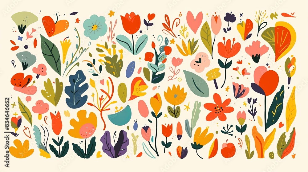 Fototapeta premium Vibrant Organic Shapes for Instagram Stories with Playful Illustrations of Leaves, Flowers, Suns, Moons, Stars, Clouds, Waves, and Geometric Patterns on White Background with Green Border