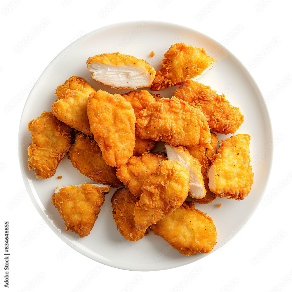 Breaded chicken nuggets on white plate, top view, isolated on white background
Breaded chicken nuggets on white plate, top view, isolated on white background