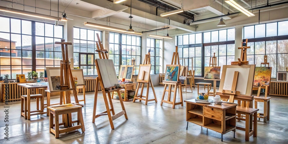 Empty drawing studio with easels and art supplies, retirement, community, exercise, elderly, friends, group, active, graceful, senior, women, muscle health, workout, training