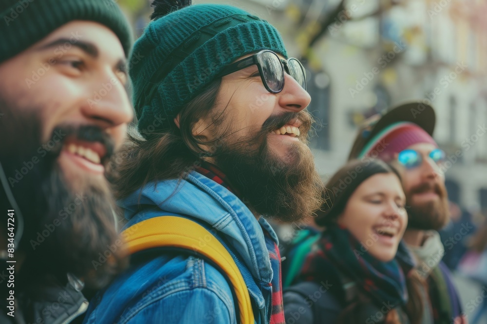 Group of friends having fun on the street. Hipster man with beard and mustache. Group of friends having fun on the street. Hipster man with beard and mustache.