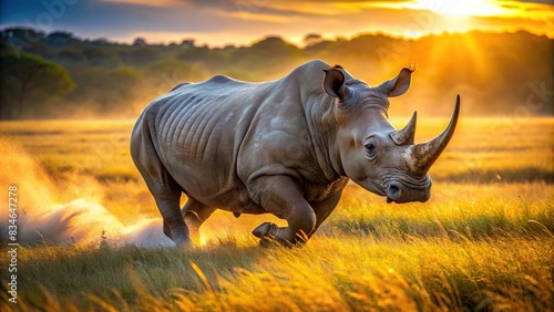 Powerful rhinoceros charging through African savannah  horn glinting in sunlight   wildlife  animal  strength  muscular  dangerous  nature  safari  horn  sunlight  aggressive  savannah