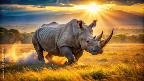 Powerful rhinoceros charging through African savannah, horn glinting in sunlight , wildlife, animal, strength, muscular, dangerous, nature, safari, horn, sunlight, aggressive, savannah