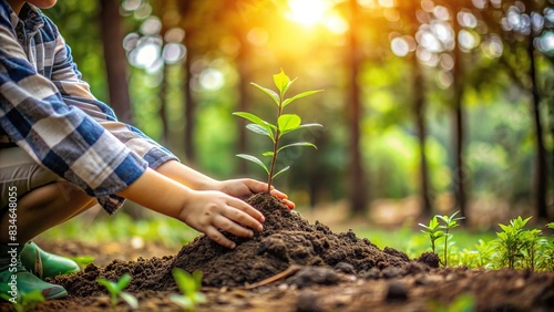 Slow motion image of child's hand planting a new tree in the forest, eco, environment, conservation, nature, growth, sustainability, reforestation, earth, save, planet, ecology, woods photo