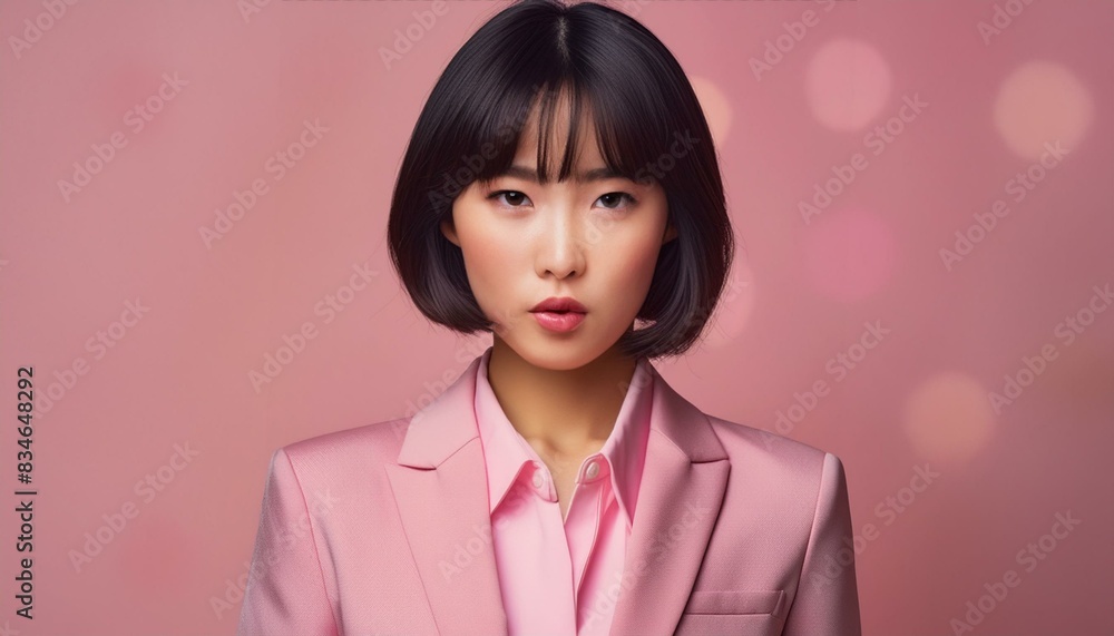 Asian woman with a bob hairstyle wearing a pink business suit; portrait; pink background Asian woman with a bob hairstyle wearing a pink business suit; portrait; pink background
