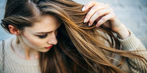 Close-up of woman's hand touching lock of hair, fingertips, haircare, beauty, femininity, delicacy, softness, selective focus, detail, female, caucasian, hairstyle, personal grooming