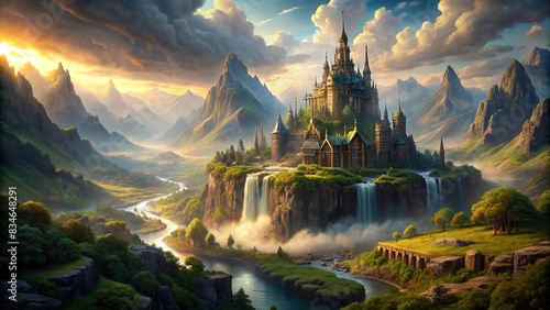 Majestic landscape of Valhalla, the eternal home of warriors , Valhalla, afterlife, heaven, Norse mythology, warriors, eternal, majestic, landscape, mythical, paradise, clouds, mountains photo