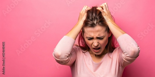 An image of a woman overwhelmed with stress and concern, with hands to head, on a pink background with copy space , anxiety, confusion, doubt, worry, despair, panic, mental health