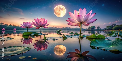 Lotus flowers blooming in a pond with a full moon reflected in the water , Buddha Purnima, blooming, lotus flowers, pond, full moon, reflection, water, serene, peaceful, spirituality, nature photo