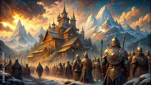 Valhalla Awaits Warriors' Eternal Home , Viking, afterlife, mythical, paradise, warriors, eternal, Norse, legend, heaven, warrior, celestial, mythical, peaceful, serene, ancient photo