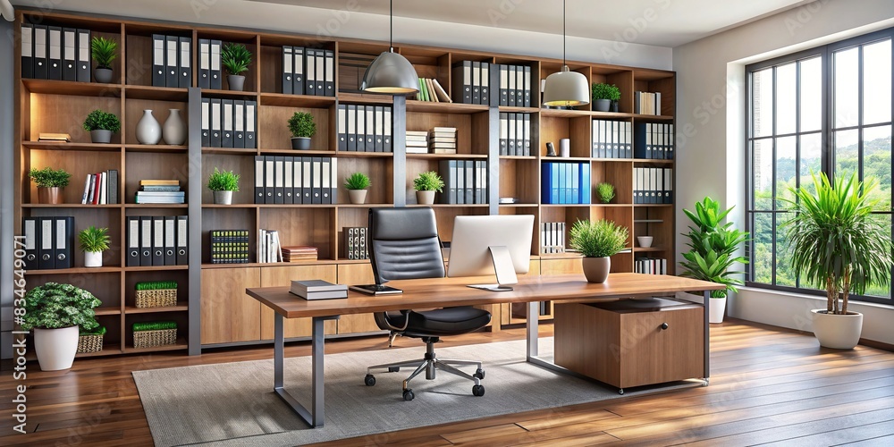 Professional modern office space with a large desk, computer, and shelves filled with files and books , office, workspace, desk, computer, shelves, files, books, modern, professional