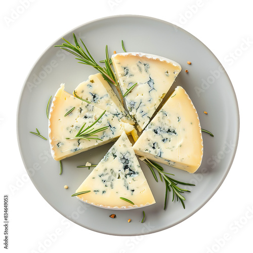 Sliced blue cheese with rosemary on a gray plate, top view, studio lighting

 photo