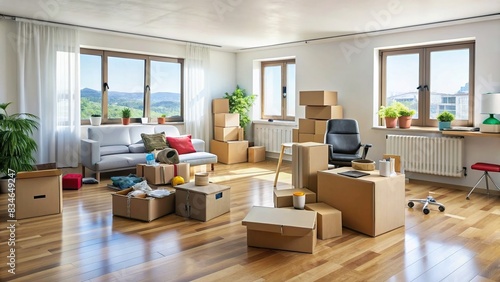 Empty room with scattered belongings during a apartment liquidation process, apartment, decluttering, chaos, moving out, mess, relocation, storage, packing, cleanup, furniture, household items photo