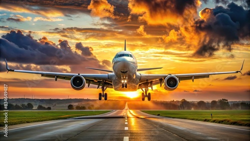 Preparation of cargo airplane with landing gear at sunset , airplane, cargo, landing gear, preparation, freight, containers, airport, sunset, loading, unloading, transport, logistics