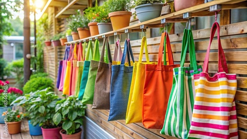 Colorful eco-friendly tote bags hung outside organic home improvement store , organic cotton, hemp, tote bags, eco-friendly, sustainable, blank, colorful, display, outdoors, line, handbag photo