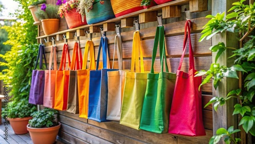Colorful eco-friendly tote bags hung outside organic home improvement store , organic cotton, hemp, tote bags, eco-friendly, sustainable, blank, colorful, display, outdoors, line, handbag © Sompong