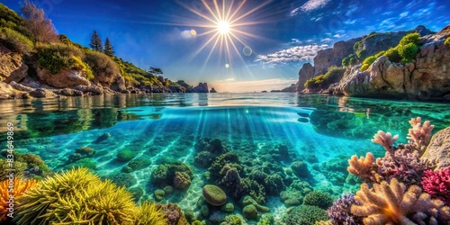 Beautiful marine landscape with clear blue water and vibrant sunlight shining down on the rocks and plant life below, marine, landscape, sunlight, rocks, plant life, ocean, sea, water, blue photo