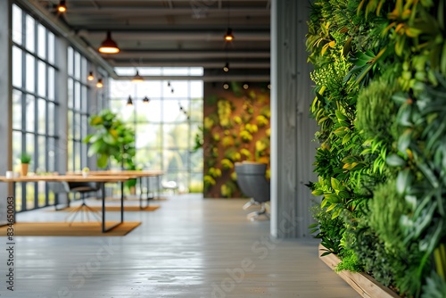 Green, sustainable and environmental office space with daily employee rush. Modern and nature friendly startup business with ESG standards and care for worker wellness and healthy environment © Iqra