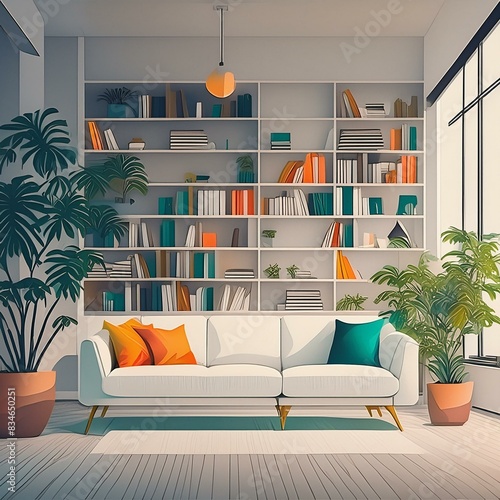 modern living room, white sofa, bookshelf, plants