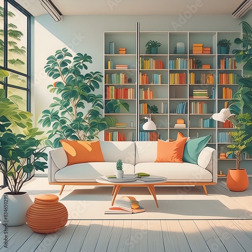 modern living room, white sofa, bookshelf, plants Ai generative 