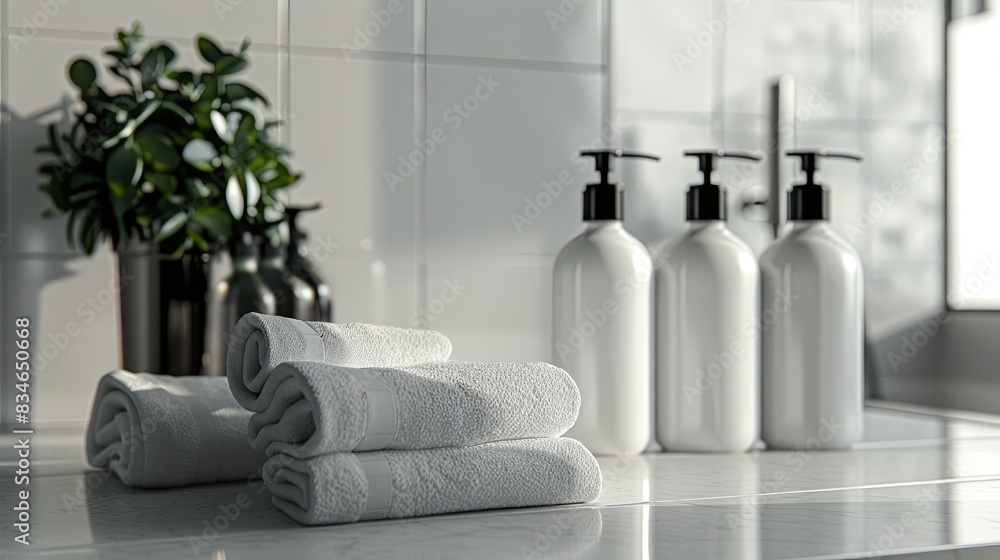 Three sleek bottles of shampoo and conditioner sit on a countertop in a modern bathroom. Generative AI