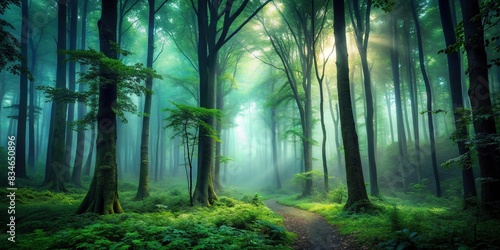 Dark forest with deep shade of mist and green with faint sunlight in background, mysterious, eerie, tranquil, nature, trees, foliage, foggy, mystical, atmospheric, dense, shadows, dim