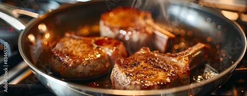 Pork Chops Being Seared in Stainless Steel Pan.
Delicious Pork Chops Searing in Hot Pan.
Cooking Pork Sirloin Chops on Stove photo