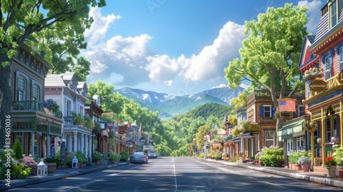 Detailed 3D render of American Regionalism, depicting a small town main street lined with quaint shops and colorful storefronts, surrounded by lush greenery and a blue sky, evoking a sense of