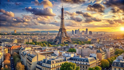 Paris cityscape featuring the iconic Eiffel Tower with beautiful architecture and urban skyline in France, Eiffel Tower, Paris, France, cityscape, skyline, architecture, landmark, European photo