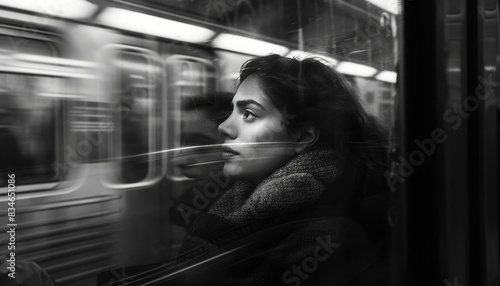 Minimalist panoramic portrait of a woman passing by a high-speed train, waiting in the subway