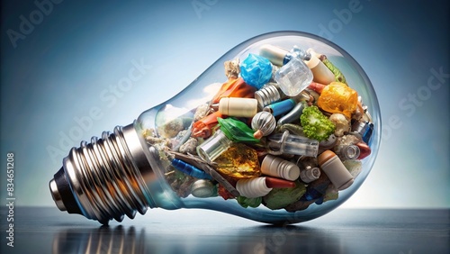 A light bulb covered in trash, symbolizing the importance of recycling and reducing waste , recycling, reduce waste, environment, conservation, trash, garbage, light bulb, symbol