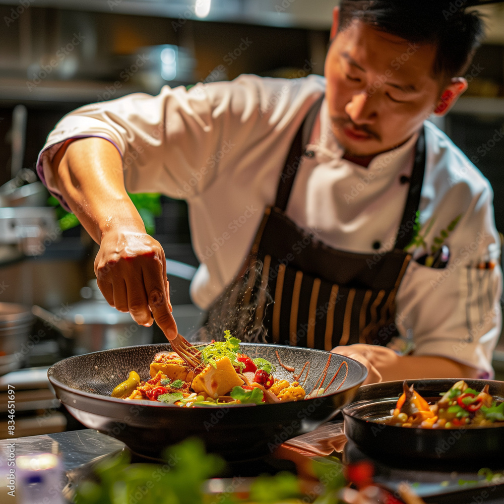 a chef preparing a dish that combines Thai and Mexican flavors in a modern kitchen a chef preparing a dish that combines Thai and Mexican flavors in a modern kitchen