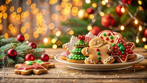 Christmas cookie plate on table with bokeh background, festive banner , holiday, dessert, snacks, baked goods, delicious, seasonal, celebration, traditional, homemade, sweets, decoration