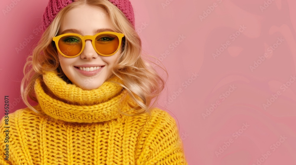 A woman, wearing a yellow knitted sweater, yellow sunglasses, and a pink hat, smiles at the camera A woman, wearing a yellow knitted sweater, yellow sunglasses, and a pink hat, smiles at the camera