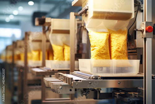 Bags of food products, possibly pasta, are gracefully moving along a conveyor belt in a factory setting