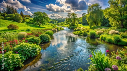 Lush green landscape with flowing river and vibrant plant life, nature, landscape, river, flowing, green, lush, vibrant, plant life, trees, foliage, peaceful, serene, tranquility, scenery