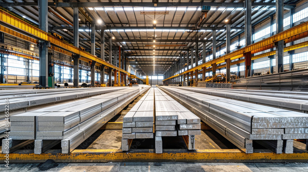 A vast warehouse housing numerous neatly stacked steel beams, creating a mesmerizing sight of industrial precision and strength A vast warehouse housing numerous neatly stacked steel beams, creating a mesmerizing sight of industrial precision and strength