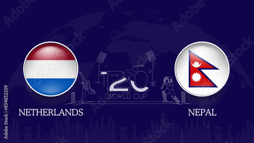 Netherlands vs Nepal flag, world map and building skyline use for t20 cricket world cup 2024 template banner design