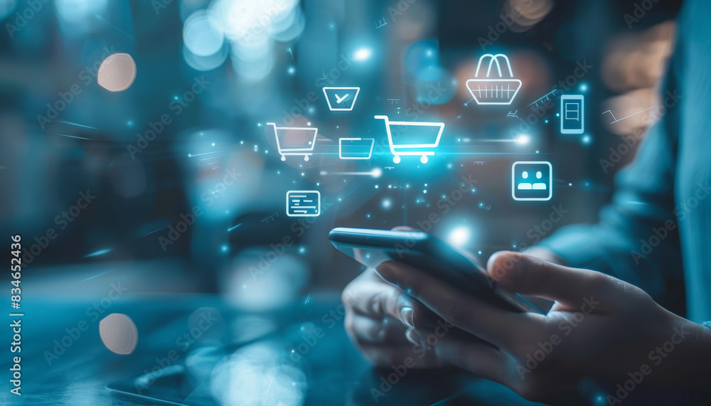 Person using smartphone for online shopping, Concept of digital commerce by AI generated image Person using smartphone for online shopping, Concept of digital commerce by AI generated image